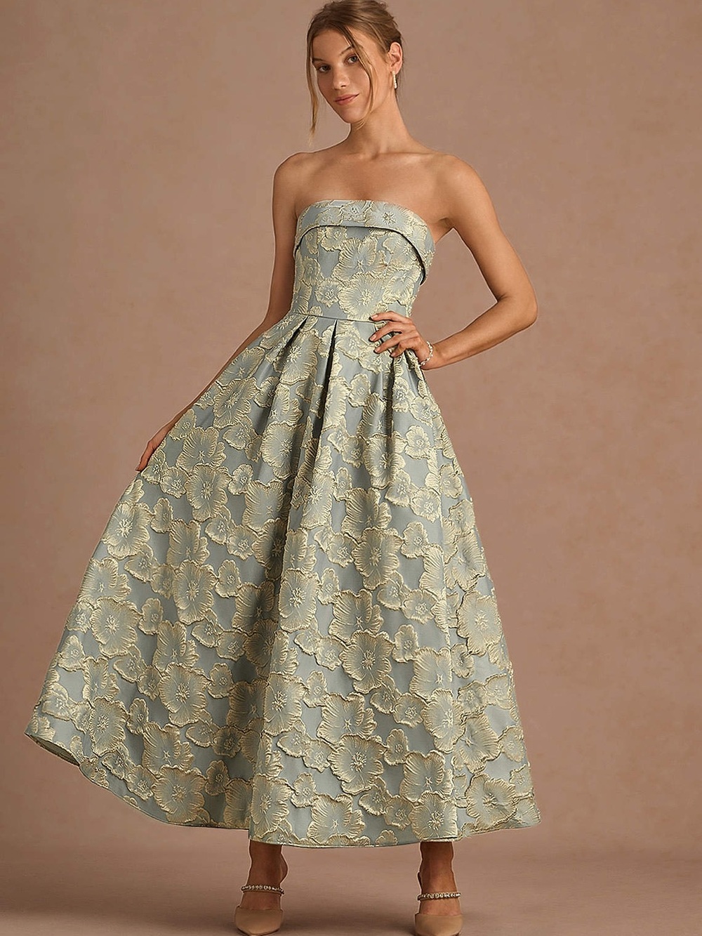 Strapless Brocade Tea-Length Dress in Sage and Gold Embroidery
